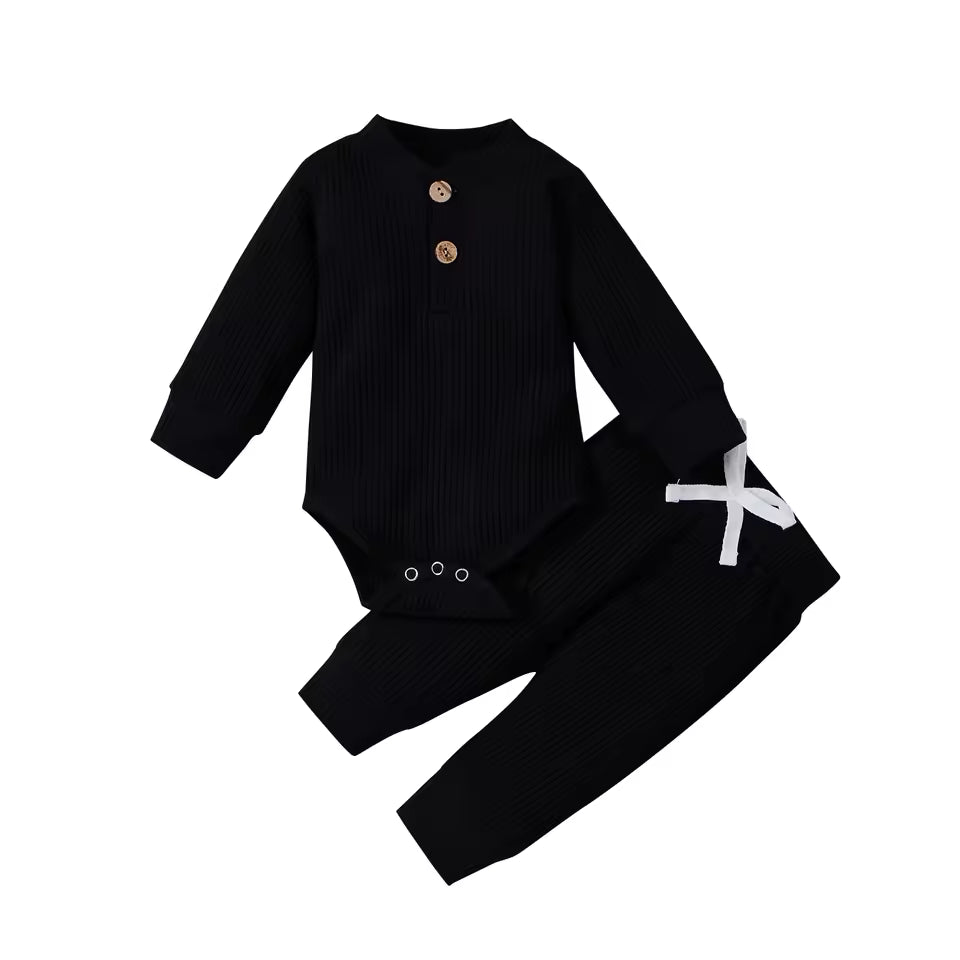 Infant Newborn Baby Girl Boy Spring Autumn Ribbed/Plaid Solid Clothes Sets Long Sleeve Bodysuits + Elastic Pants 2PCs Outfits