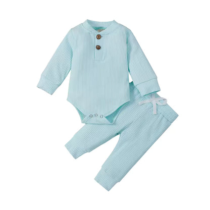 Infant Newborn Baby Girl Boy Spring Autumn Ribbed/Plaid Solid Clothes Sets Long Sleeve Bodysuits + Elastic Pants 2PCs Outfits