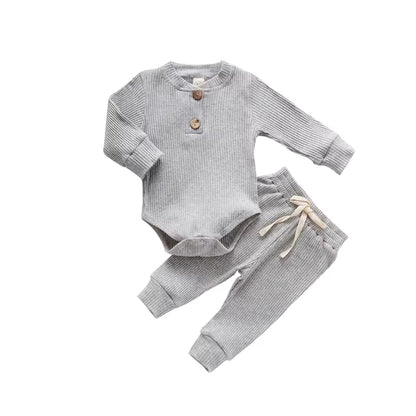 Infant Newborn Baby Girl Boy Spring Autumn Ribbed/Plaid Solid Clothes Sets Long Sleeve Bodysuits + Elastic Pants 2PCs Outfits